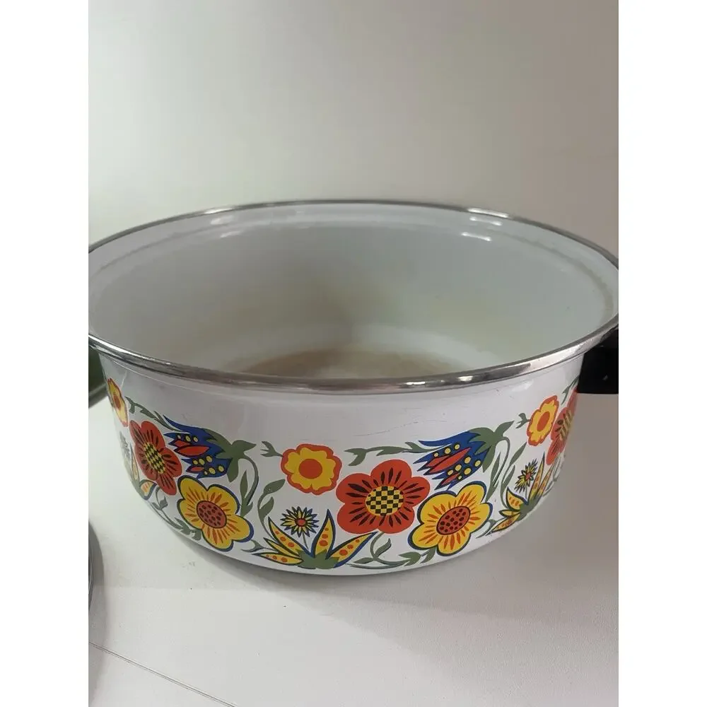 Set 3 Vtg Enamelware Pot W/ 1 Lid Floral Avocado Green Orange Yellow 70’s Retro